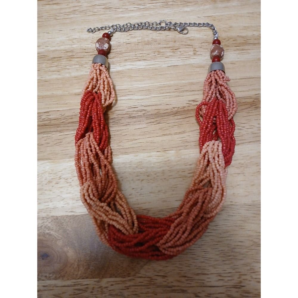 Vintage Seed Bead Choker Necklace Pink Fuchsia Multi Strand 16 Inches
